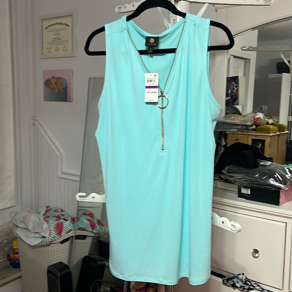 JM Collection-Aqua blue sleeveless tunic top with zipper